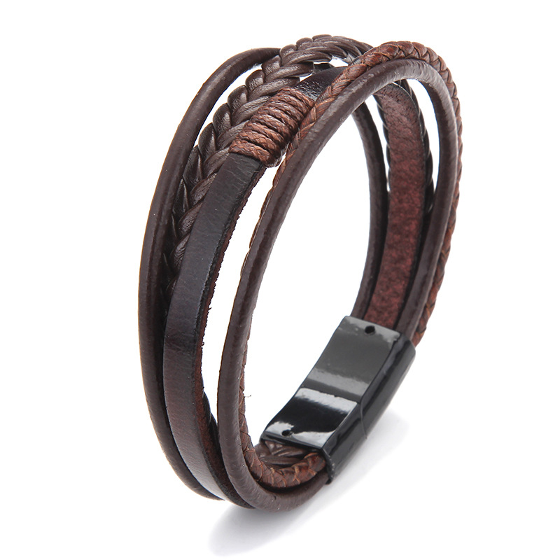 Classic Multi layer Leather Bracelet For Men Vintage Braided rope Wristband Magnetic clasp Mens Fashion Jewelry Gift