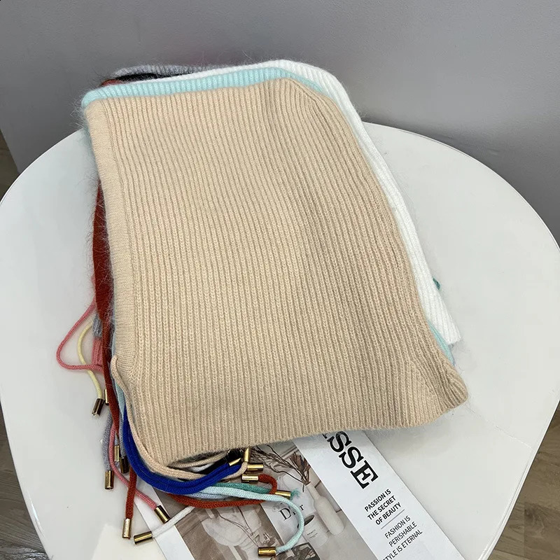 Hat Solid Color Angora Rabbit Hair Knitted Hat Complete Set One Hat Womens Balaclava Shawl Zipper Hat 241116