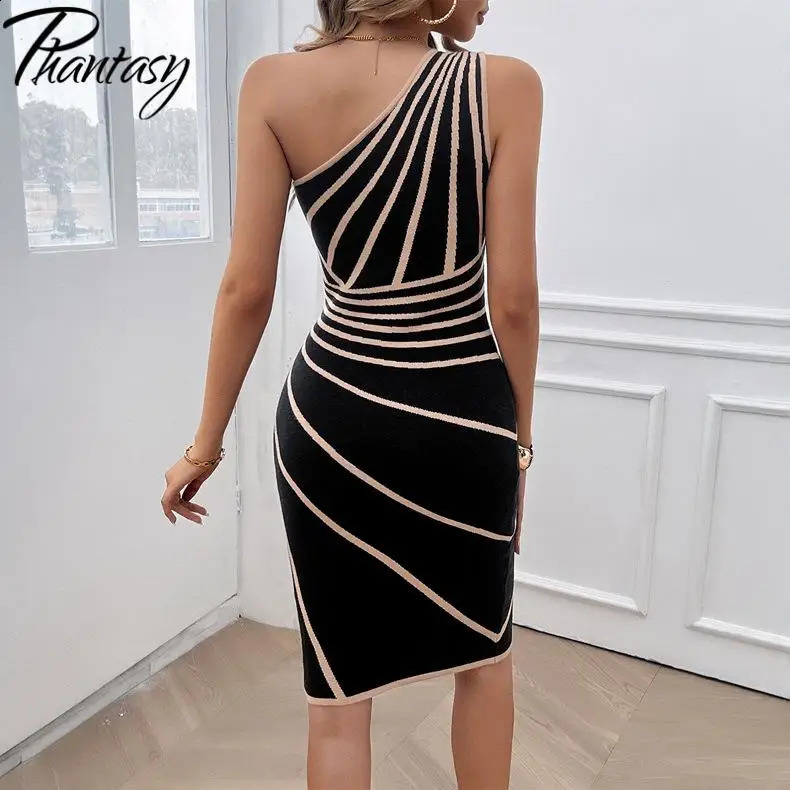 Phantasy Elegant Office Lady Dres Summer Evening Party Dress Slanted Collar Sleeveless Outfit Solid Stripe Stylish 241116