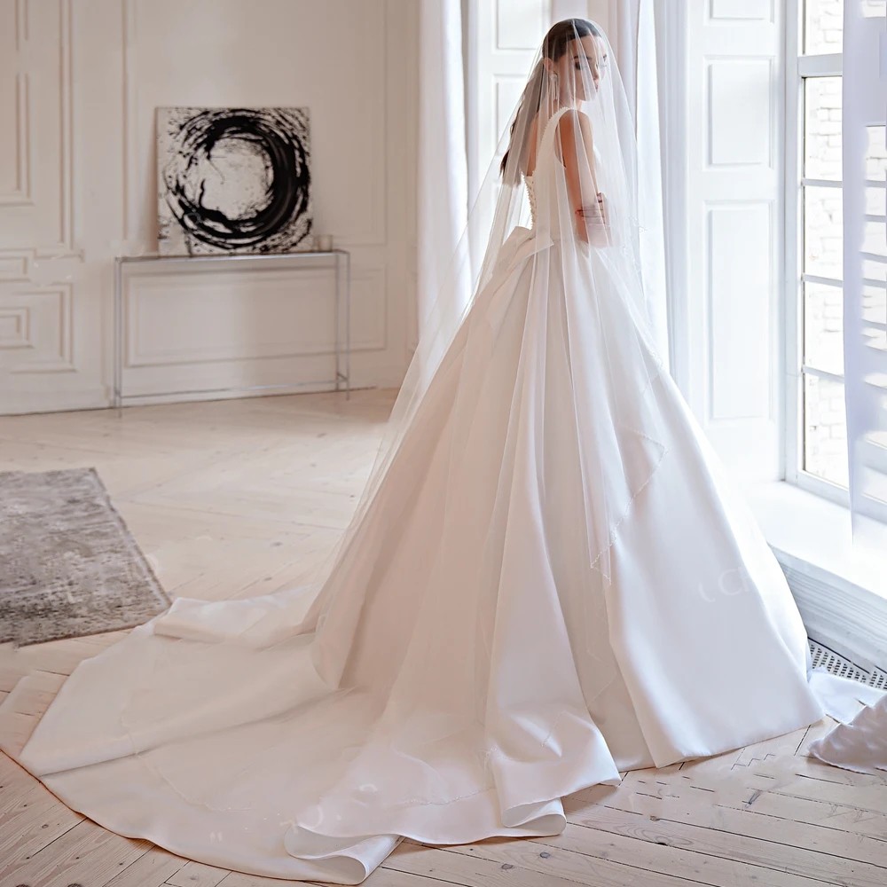 A-Line Wedding Dress 2025 Satin Beaded Bow Sleeveless Court Train Princess Bride Gowns Plus Size Vestido de Noiva Robe Mariage