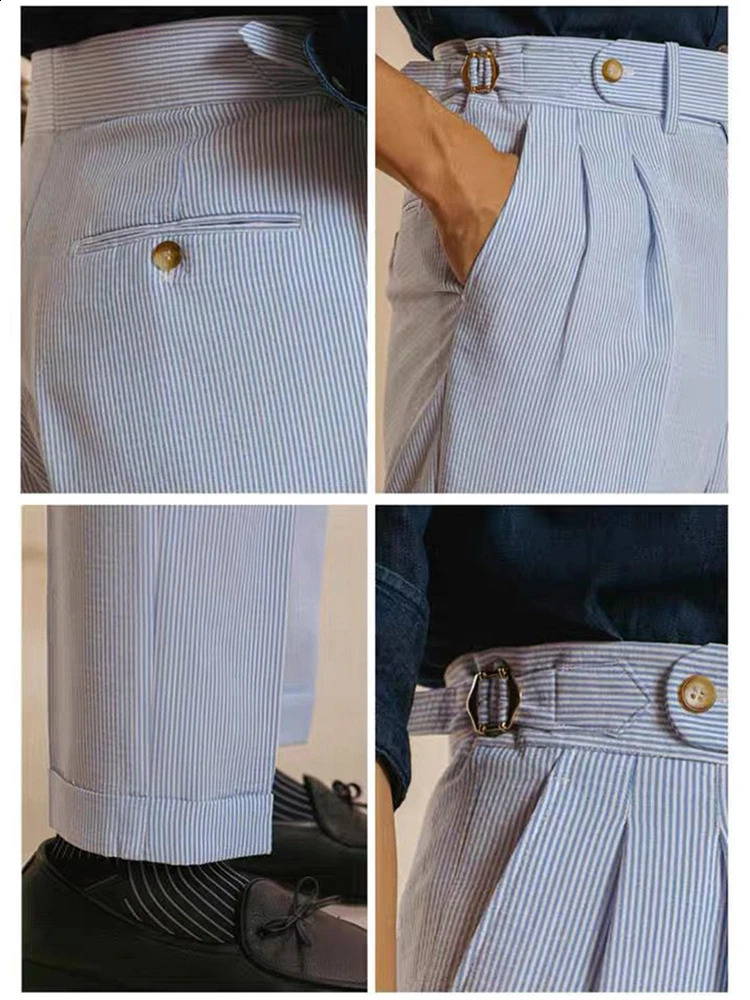 Classic Striped High Waist Suit Trousers Men Vintage Belt Laceup Straight Pants Spring Summer Mens Fashion Pleated Slim 241116