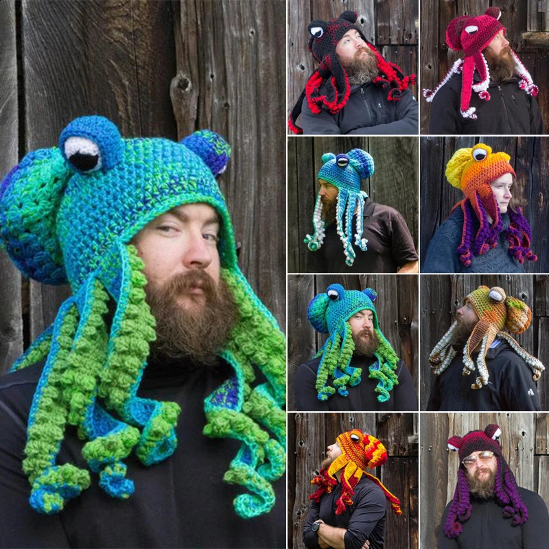 handmade fun tentacle octopus hat crochet hook Cthulhu beard bunny mens knitted hood Halloween animal gift 241116