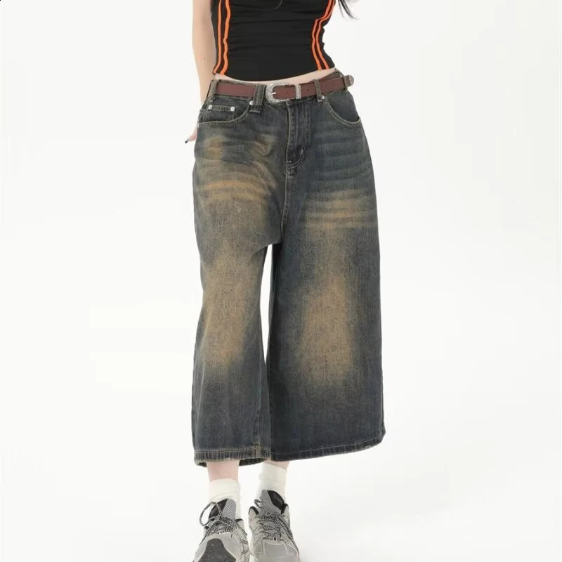 Y2k Cropped Barrel Jeans Woman 2024 Loose Knee Length Shorts Wide Leg Baggy Pants Mens Oversize Denim Trouser Short 241108