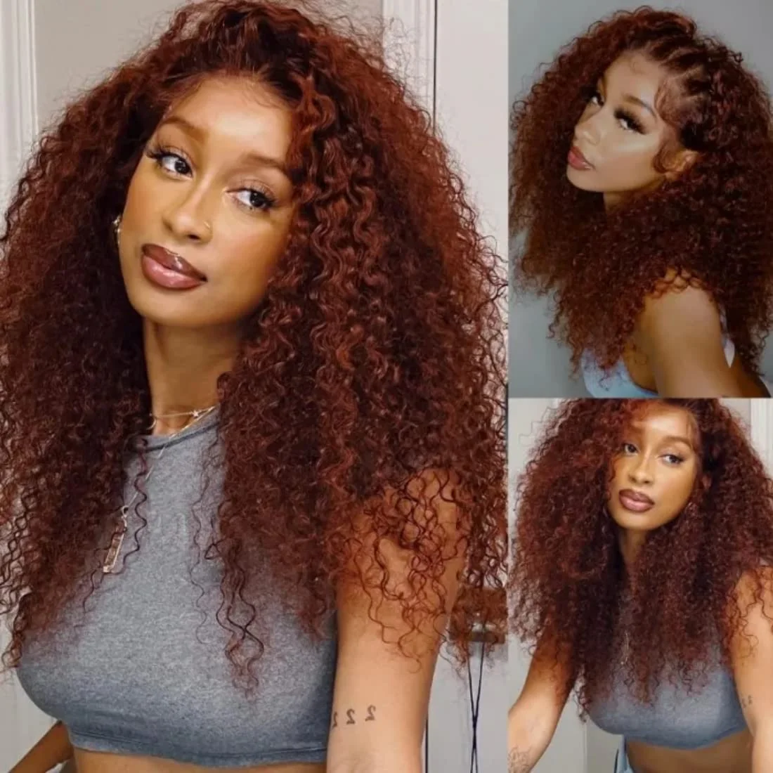 Reddish Brown 360 Lace Frontal Kinky Curly Ready To Wear Human Hair Wigs Auburn Copper Red Colored Preplucked Glueless Synthetic Wig