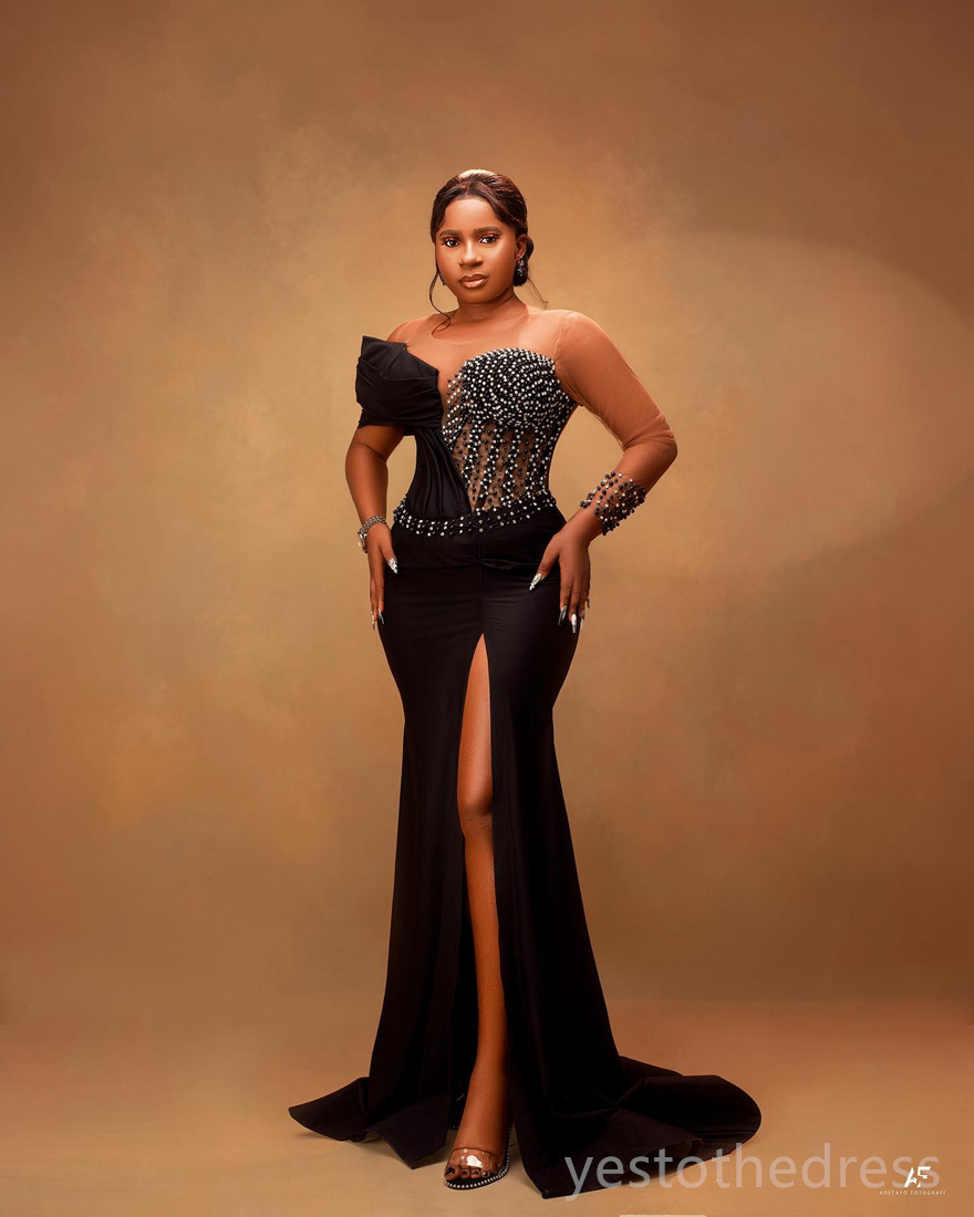 2024 Plus Size Black Prom Dresses for Black Women Illusion Mermaid Evening Formal Gowns Long Sleeves Beaded Rhinestones Birthday Party Dress Reception