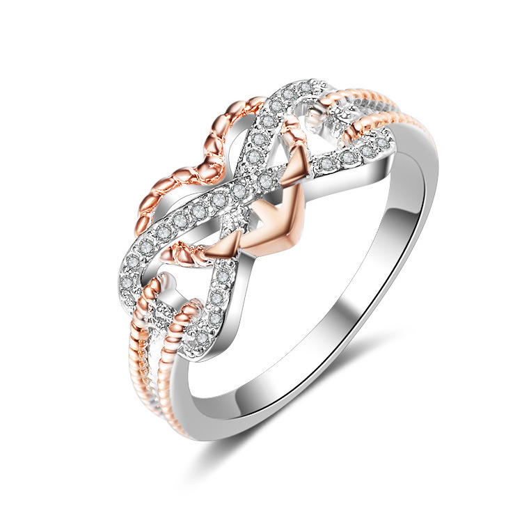 New creative hot style fashionable flower pattern love heart-shaped ring split gold and color-preserving electroplated zircon ring for women