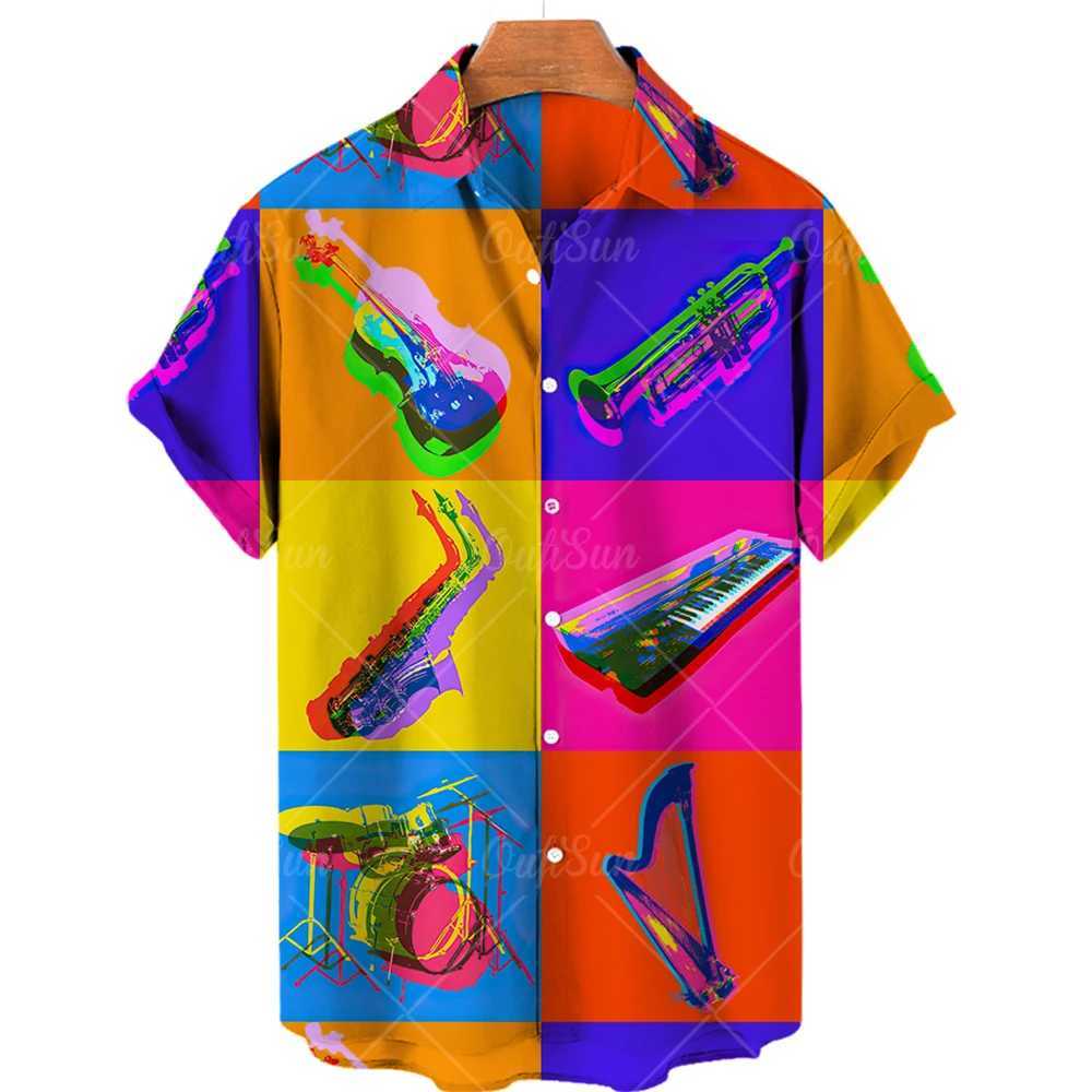 EG4N Men's Casual Shirts Summer Hawaiian For Men Music Guitar Printed Tops Clothing Fashion Oversized Collar Rock And Roll Blouses 240417