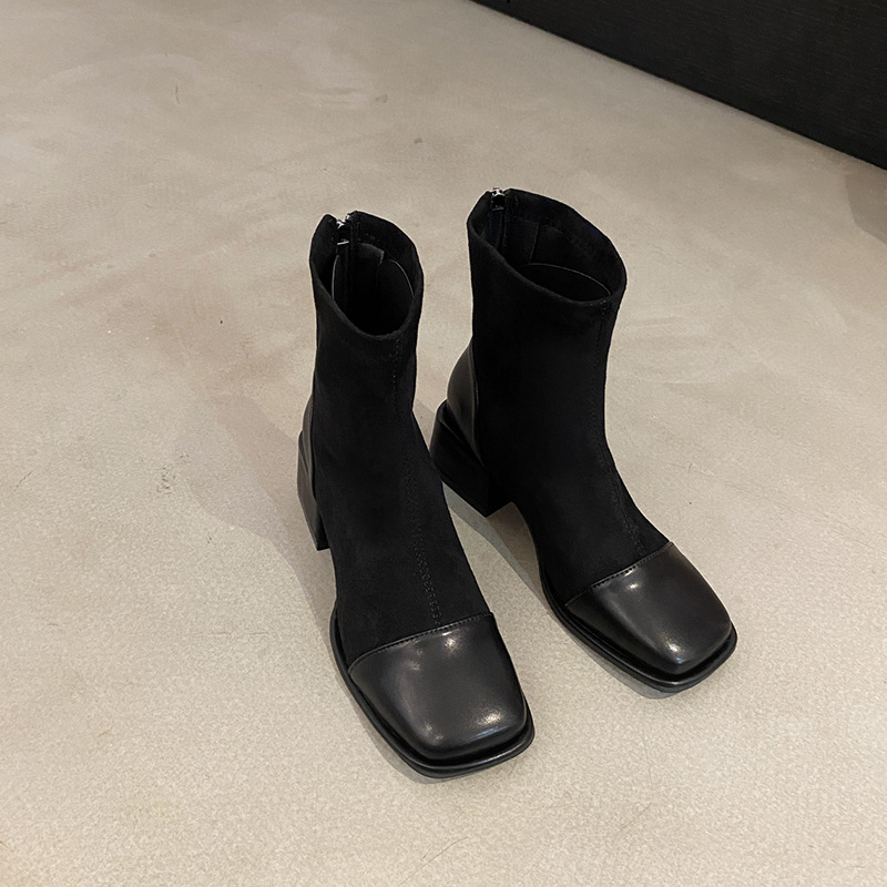 Large French Style Thick Heel Patchwork Autumn/Winter Square Toe Short Boots.