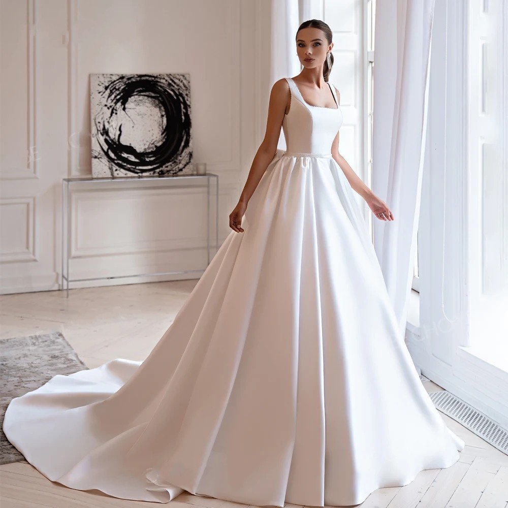 A-Line Wedding Dress 2025 Satin Beaded Bow Sleeveless Court Train Princess Bride Gowns Plus Size Vestido de Noiva Robe Mariage