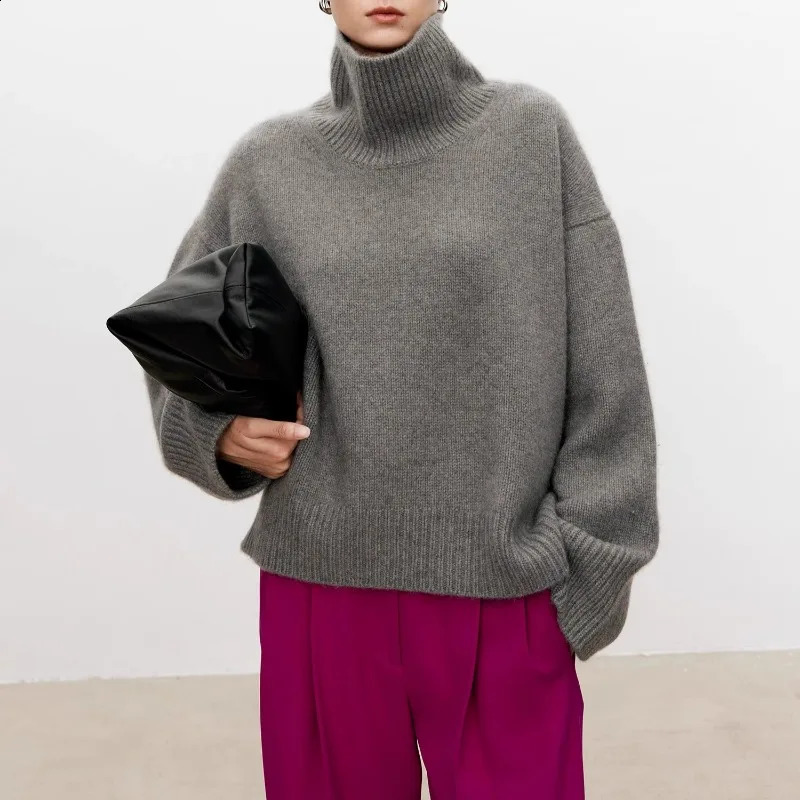 Thickened turtleneck 100% pure cashmere sweater womens loose lazy knit silhouette European products 241116