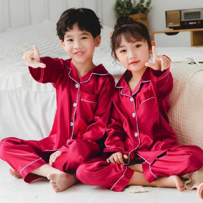 New Children Silk Satin Pyjamas Set Baby Sleepwear Pijama Solid color Pajamas Suit Boys Girls Sleep Set Autumn Kids LoungewearXJ241116