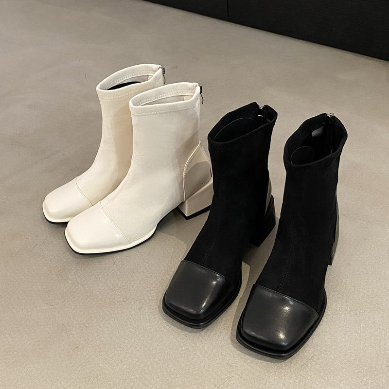 Large French Style Thick Heel Patchwork Autumn/Winter Square Toe Short Boots.