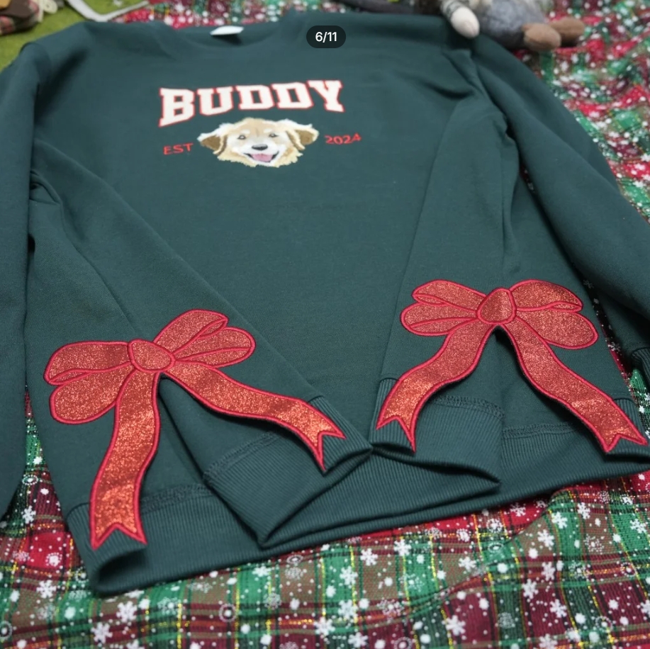 Custom Embroidered Christmas Hoodie with Glitter Bow for Family and Pets - Festive Style