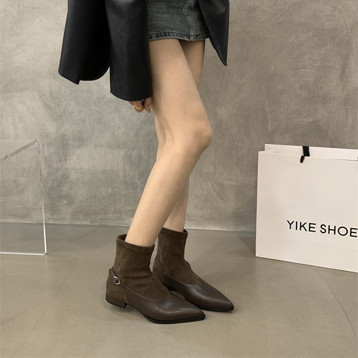 Sharp Pointed Thick Heel Brown Soft Leather Women's Short Boots.