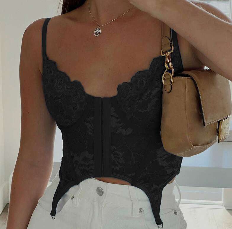 women's casual lace V-neck fashion brand lace knitted cotton U-neck sleeveless solid color sexy vest elastic tight mini skirt