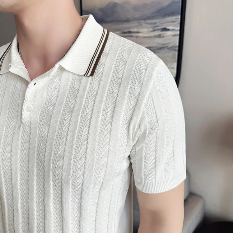 Mens Business Casual Polo Shirt Ice Silk Striped Collar Top High-Quality Short-Sleeved T-Shirt For Spring And Summer . 240415