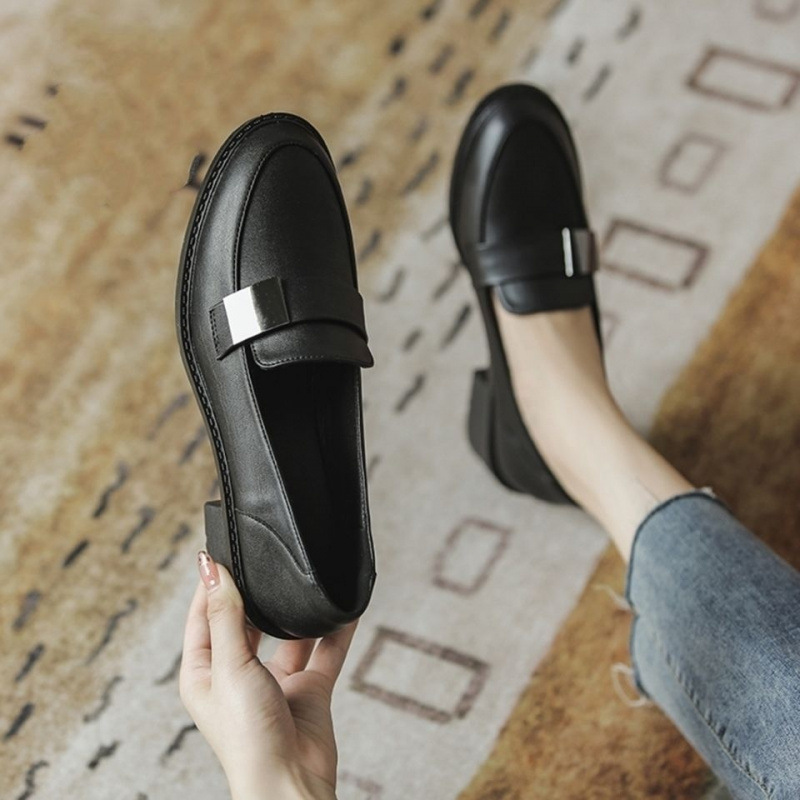 Women's Dress Shoes:Fashion Simple Design Work Leather Loafers Shoes 2024 New Thick Sole British Style Commuter Versatile,Black,fashion