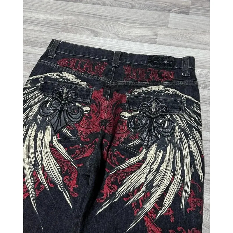 Y2K Baggy Shorts Mens Wing Embroidered Denim Vintage Harajuku Hip Hop Gothic Punk Wide Leg Pants Street Wear 240411