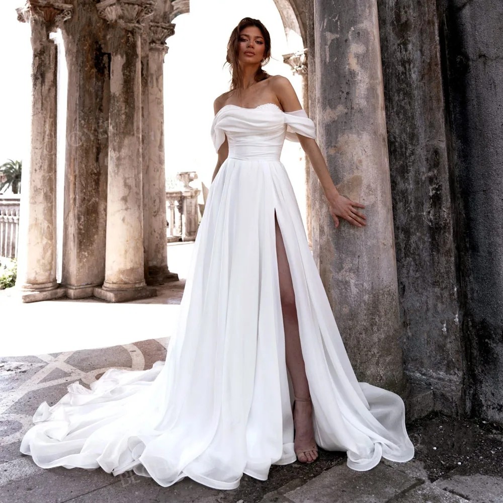 Elegant Satin Wedding Dress Off the Shoulder Sleeveless Pearls Sweetheart Split A-Line Backless Bride Gown 2024 Civil Princess Vestido de Noiva