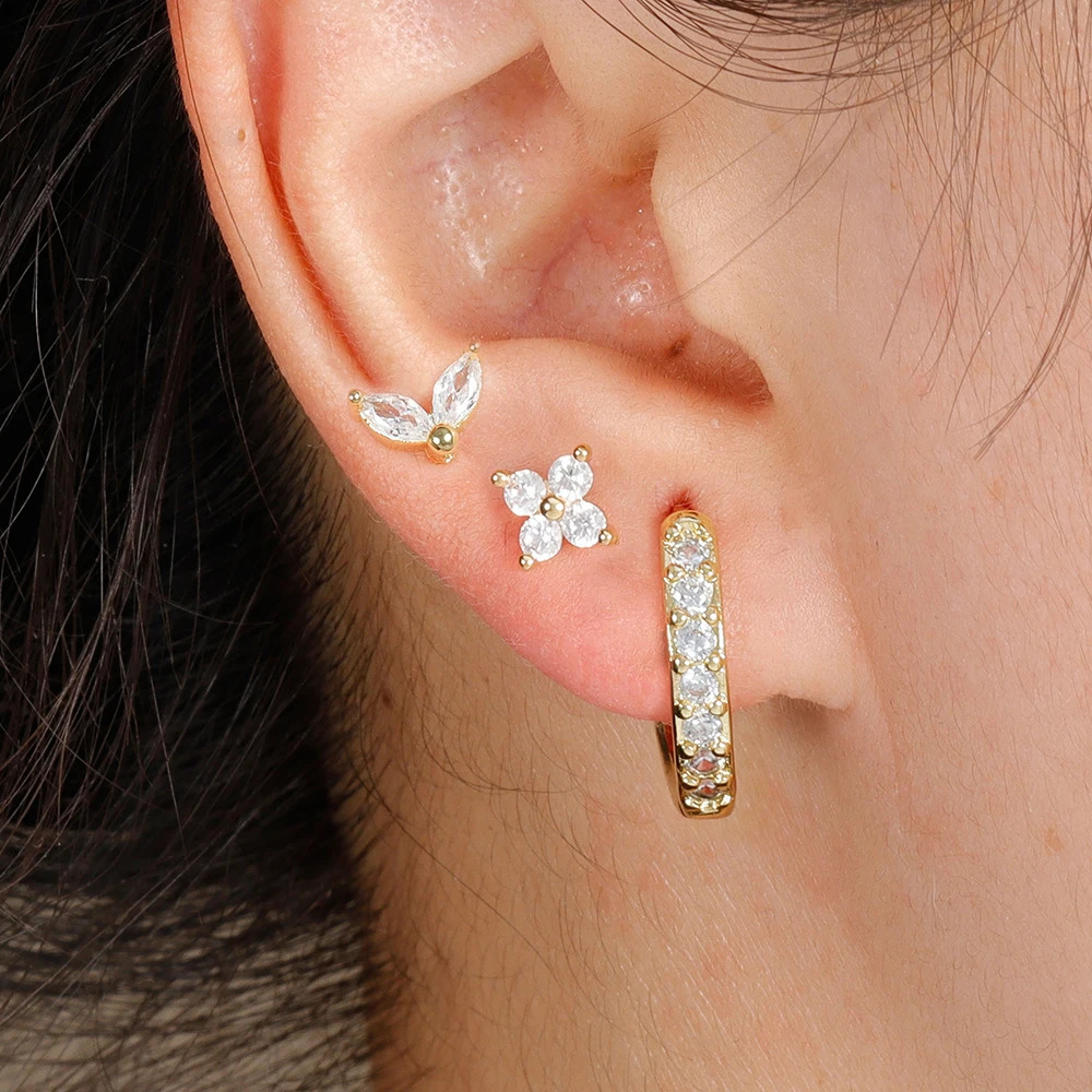3PCS Stainless Steel Gold Color Circle Hoop Earrings Set for Women Simple Zircon Flower Stud Earring Cartilage Piercing Jewelry 241116