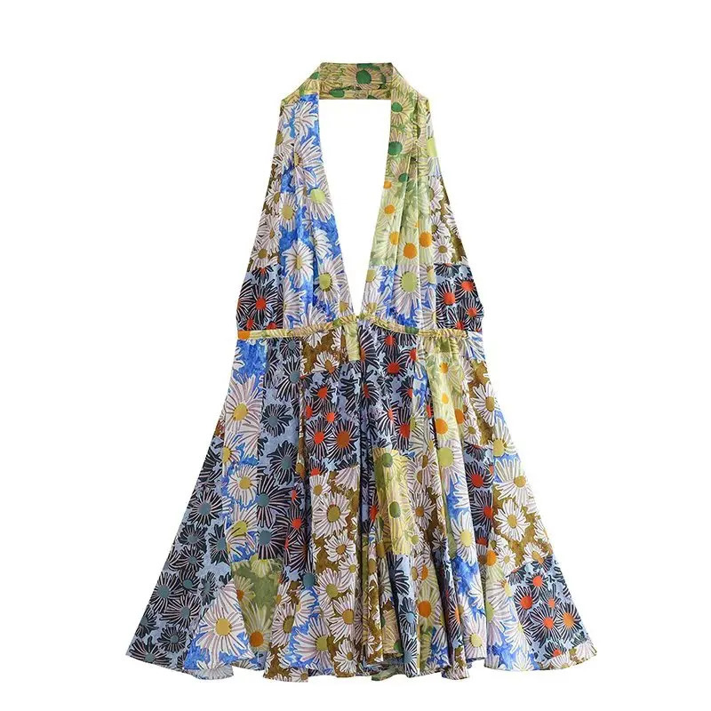PB ZA Hanging Neck Shows Slim and Versatile Sexy Off Shoulder Elastic Printing Short Dress