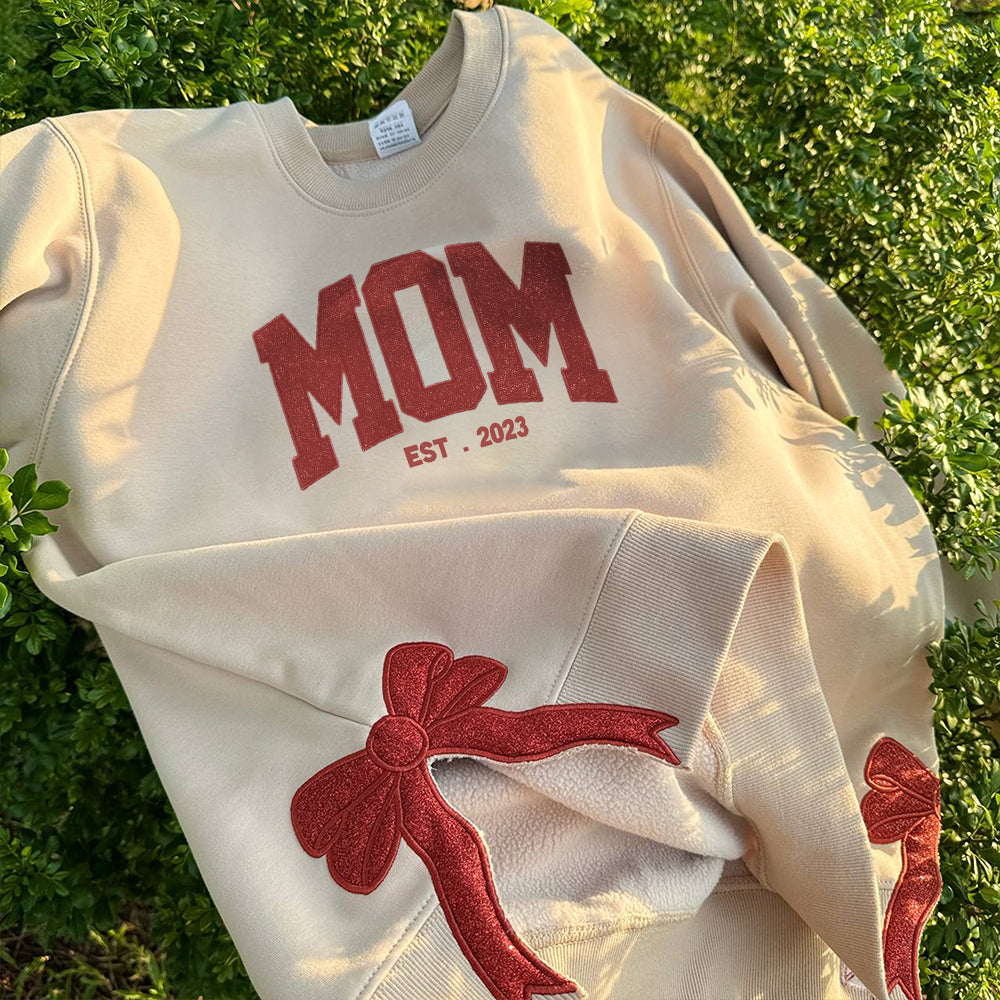 Christmas Embroidered MOM Glitter Bow Hoodie Sweatshirt