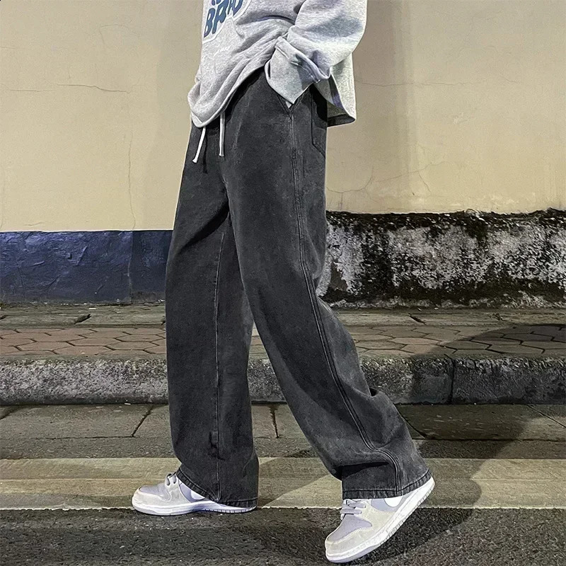 Street Loose Jeans Mens Korean Fashion Straight Wide Leg Pants Clothing Black Light Blue w250327