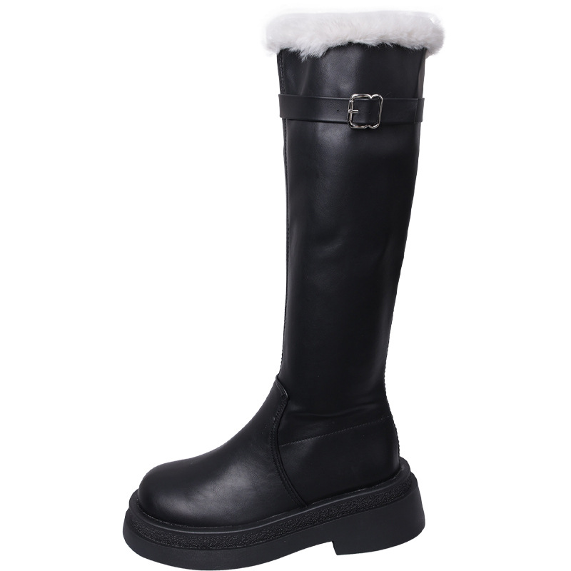 French Black Velvet Thick Soled Thick Heeled Long Boots.