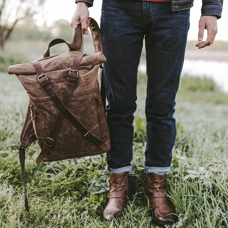 Men's Waterproof Wax Canvas Hiking Outdoor 30 L Travel Bag Anti-Theft Laptop Retro Rolled Backpack Canvas BagVoyage