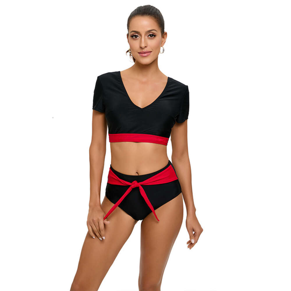 High Waisted Bikini Split Two-piece Women, Short Sleeved Color Blocking Swimsuit for Slimming Effect F41746