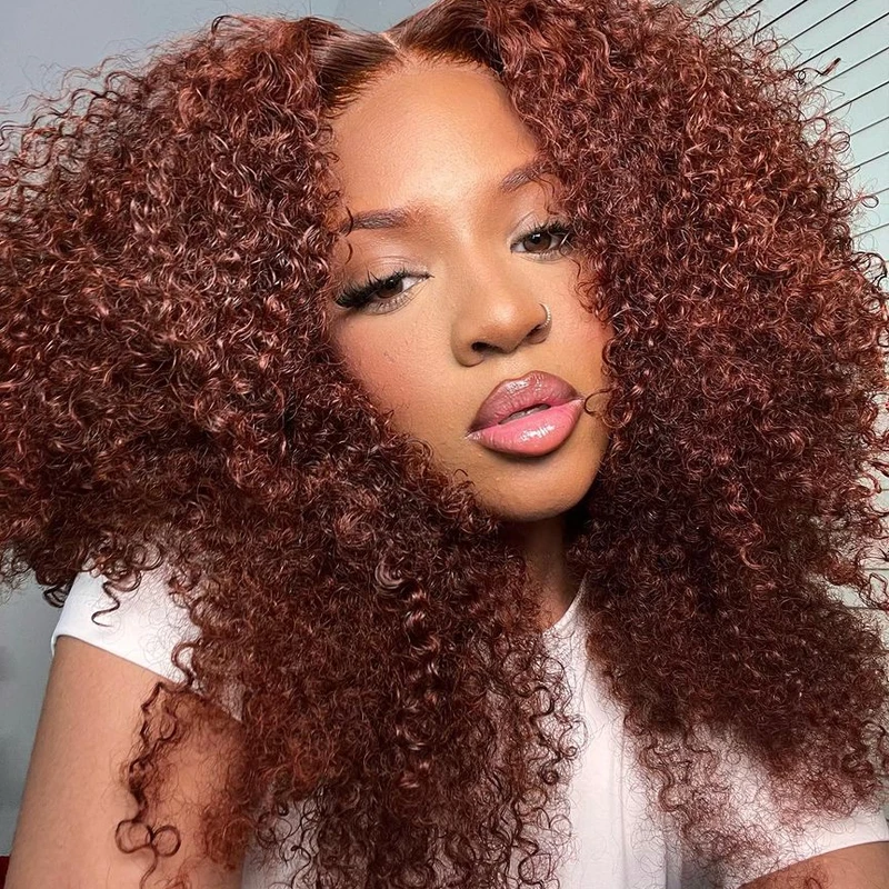 Mogolian Reddish Brown Jerry 13x4 Front 250%Remy Human Hair Wigs Kinky Curly Glueless HD Transparent Lace Frontal Wig