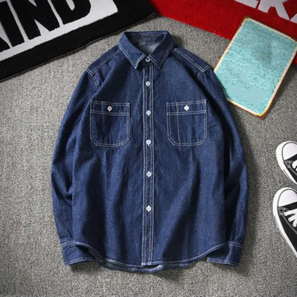 Men's Casual Shirts Trendy Male Shirt Jacket Skin-touch Solid Color Handsome Turndown Collar Buttons Men Denim Streetwear 240417