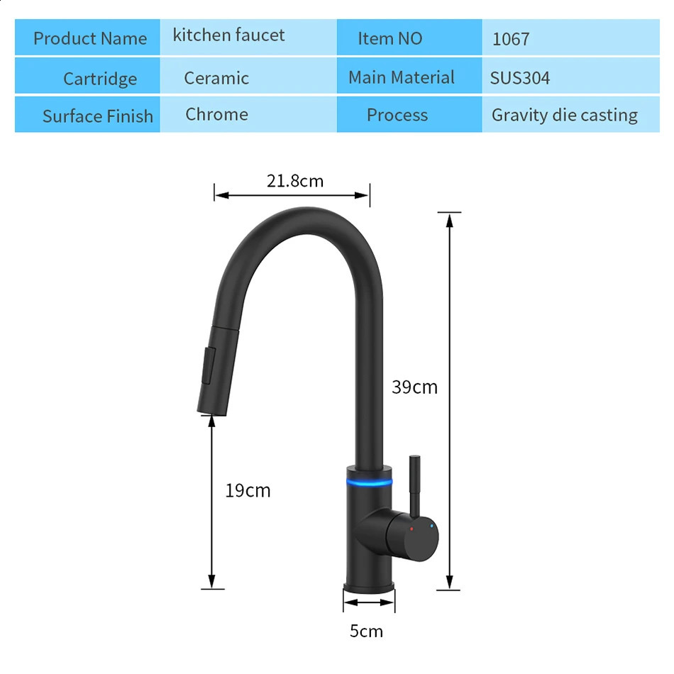 Intelligent touch black kitchen LED faucet crane for sensor kitchen faucet sink rotation touch faucet mixer faucet KH-1067 241112