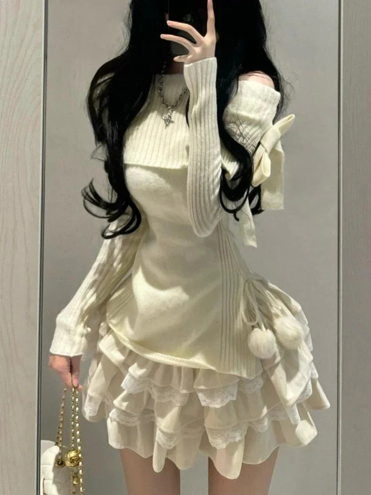 Winter Kawaii Sweet 2 Piece Set Woman Off Shoulder Bow Knitted Tops Mini Cake Skirt Female Korean Fashion Casual Suit 2024 240403