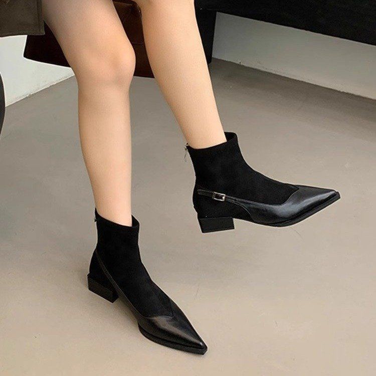 Sharp Pointed Thick Heel Brown Soft Leather Women's Short Boots.