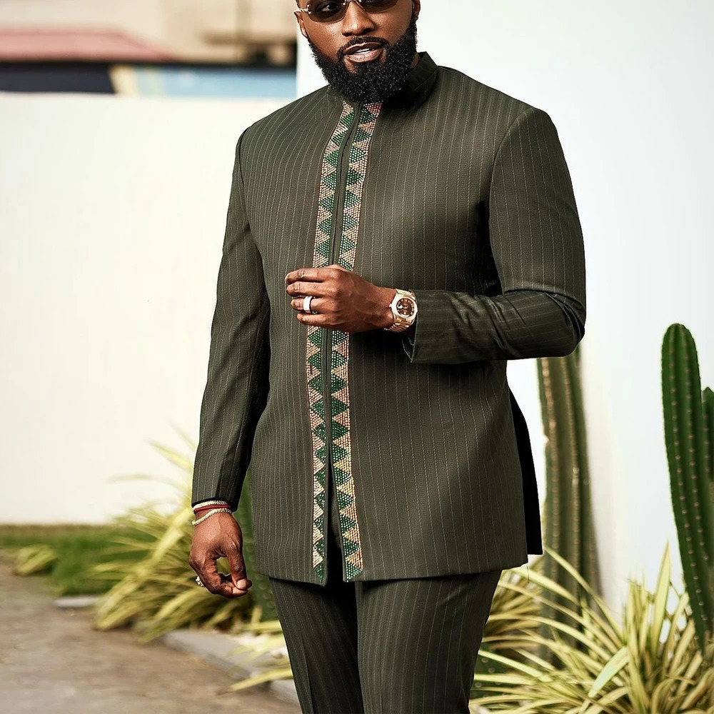 Kaftan Mens Suit Printed Top Trousers African Ethnic Casual Traditional Cloth 2PCS Suits Outfits Wedding Wear Fashion Male Sets 240417