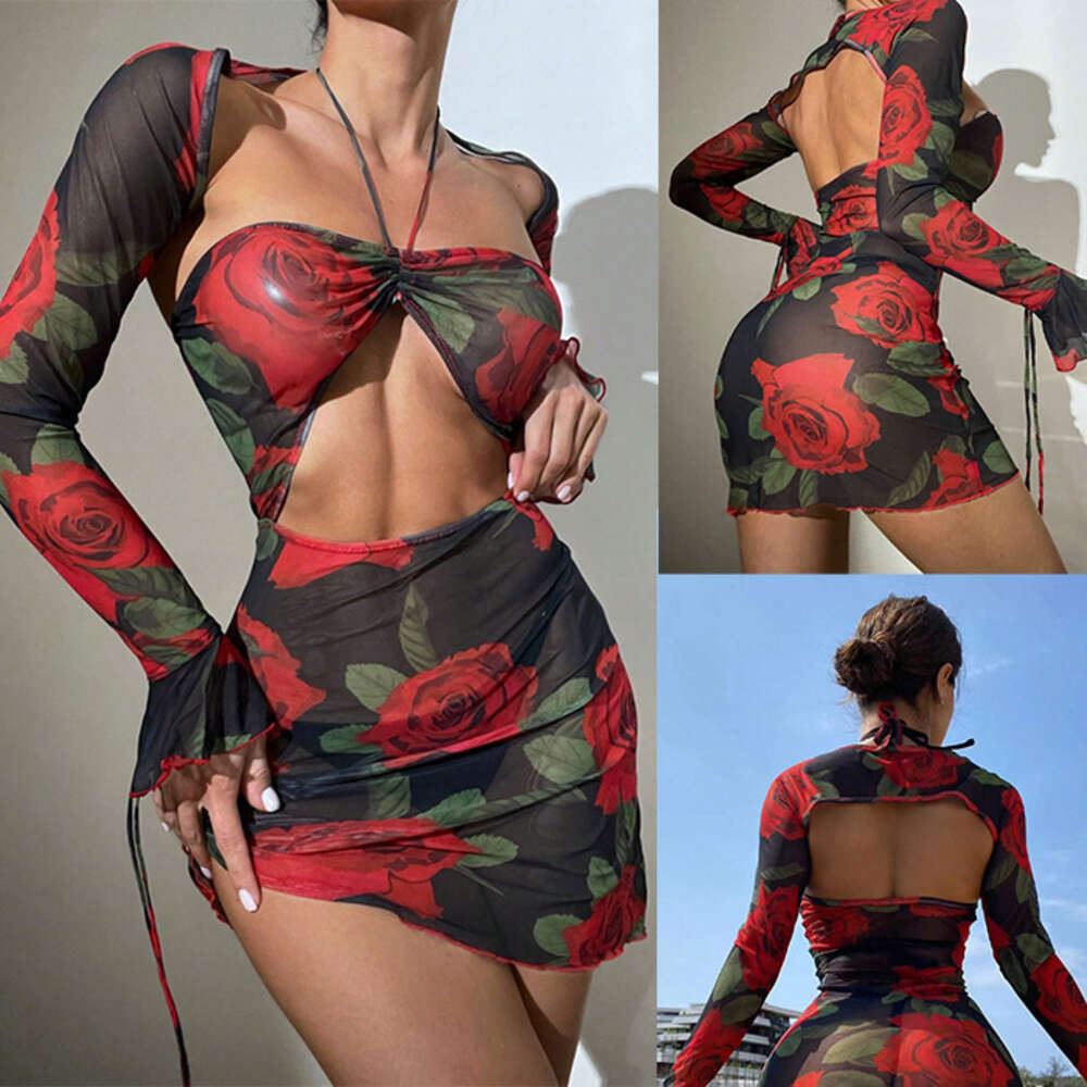 2024 Backless Women's Printed Lace Up Swimsuit Sunscreen Cover Up Beach Sexy Short Skirt F41728