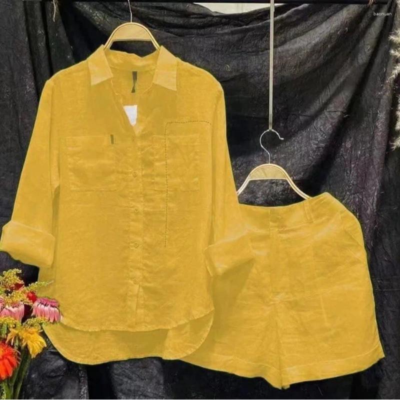 Women's Tracksuits Summer Casual Shirt Two Piece Set For Women Shorts 2 Sets Outfit Solid Color Long Sleeve Short Outfits Home