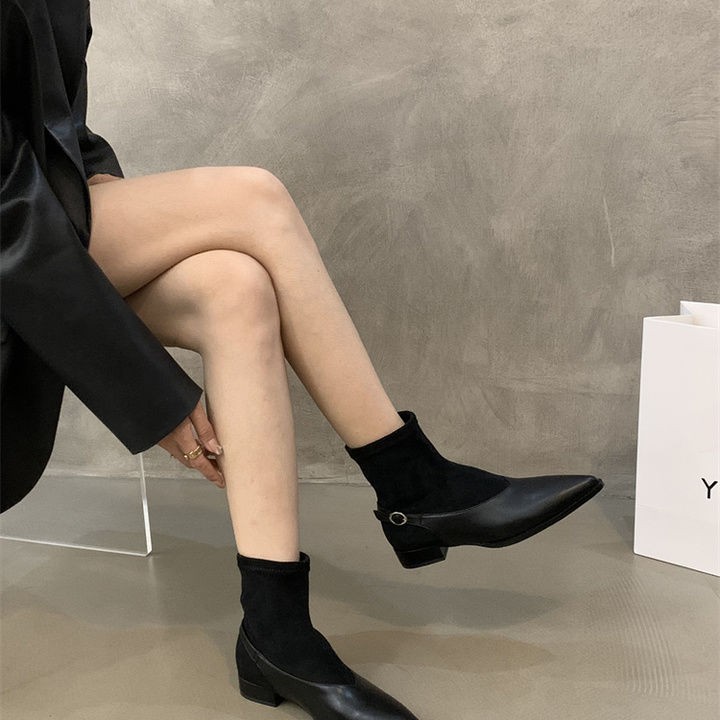 Sharp Pointed Thick Heel Brown Soft Leather Women's Short Boots.