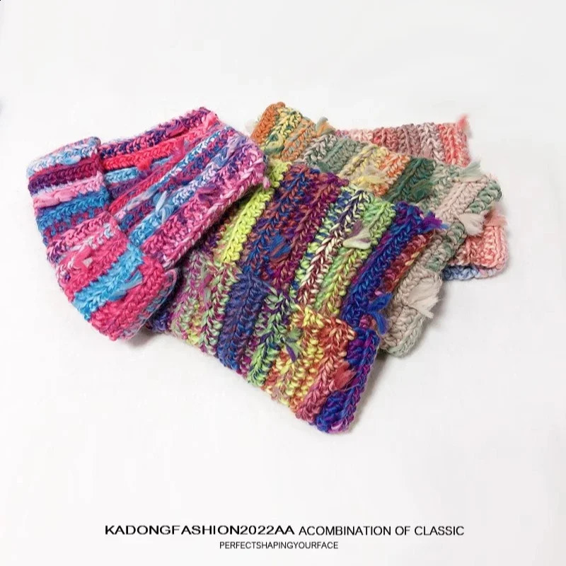 Sweet dopamine mixed color curly drawstring hat Y2K autumn and winter outdoor casual warm and cute cat ear beanie hat 241116