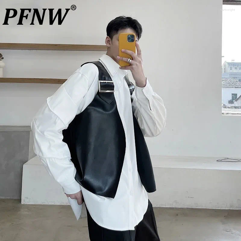 Men's Vests PFNW Wear 2024 Autumn Niche Design PU Leather Black Vest Japan Korean Tide Causal Sleeveless Cool Waistcoat Male 9Y5430