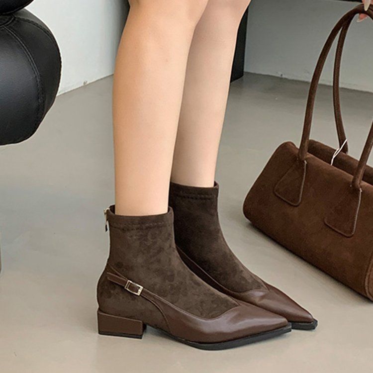 Sharp Pointed Thick Heel Brown Soft Leather Women's Short Boots.