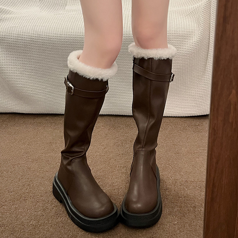 French Black Velvet Thick Soled Thick Heeled Long Boots.