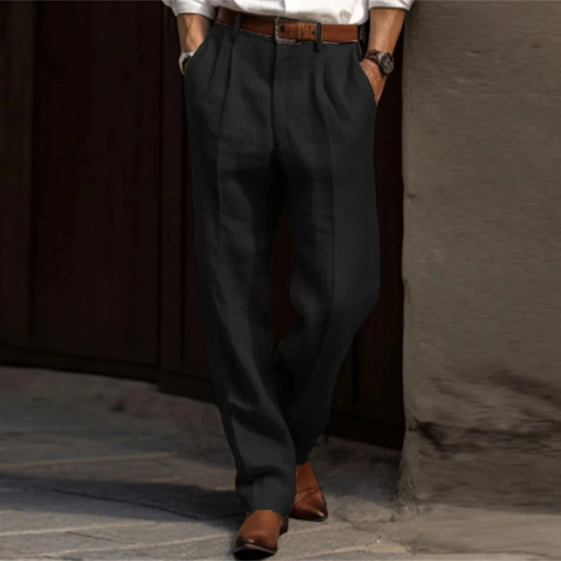 Cotton Linen Pants Men Business Casual Fashion Thin Suit Trouser Autumn Vintage Mens Solid Color Pleated n Waist 241116