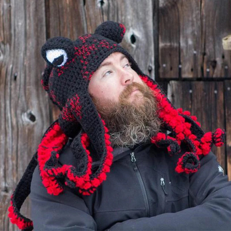 handmade fun tentacle octopus hat crochet hook Cthulhu beard bunny mens knitted hood Halloween animal gift 241116