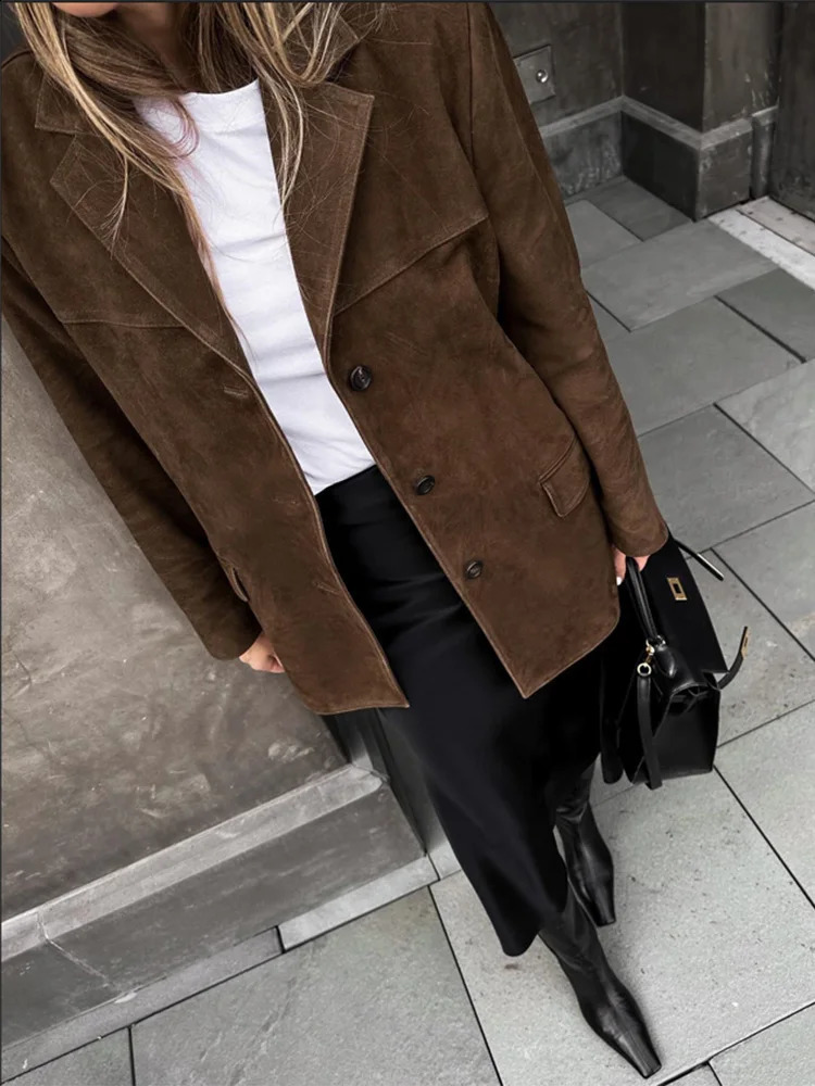 Womens chic brown casual suede jacket with collar long sleeves single chest pocket autumn solid office jacket 3193 241115