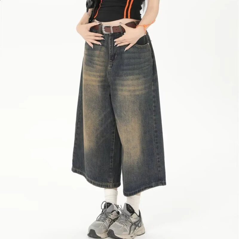 Y2k Cropped Barrel Jeans Woman 2024 Loose Knee Length Shorts Wide Leg Baggy Pants Mens Oversize Denim Trouser Short 241108
