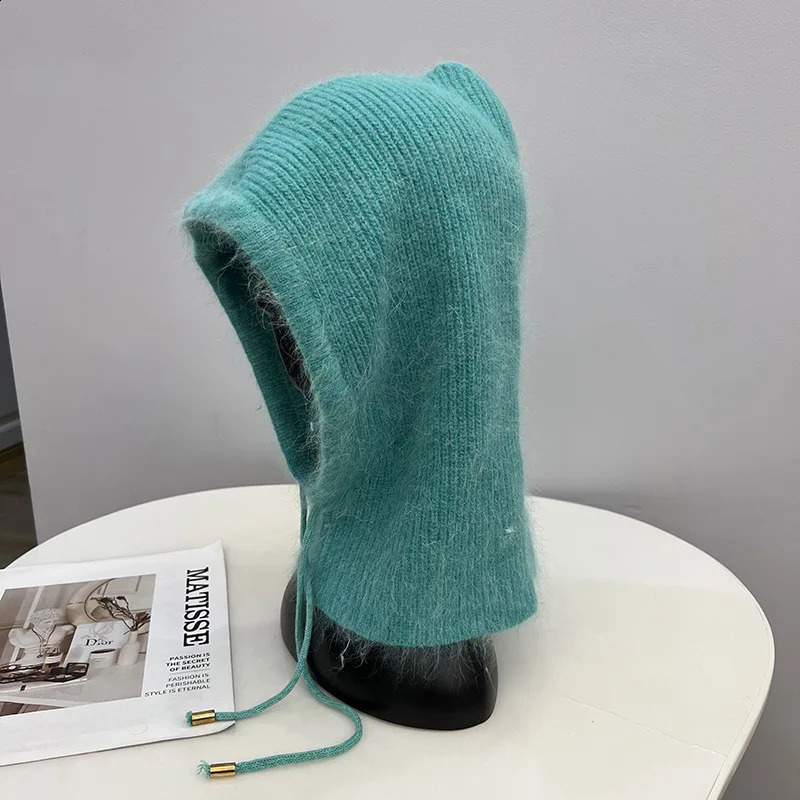 Hat Solid Color Angora Rabbit Hair Knitted Hat Complete Set One Hat Womens Balaclava Shawl Zipper Hat 241116