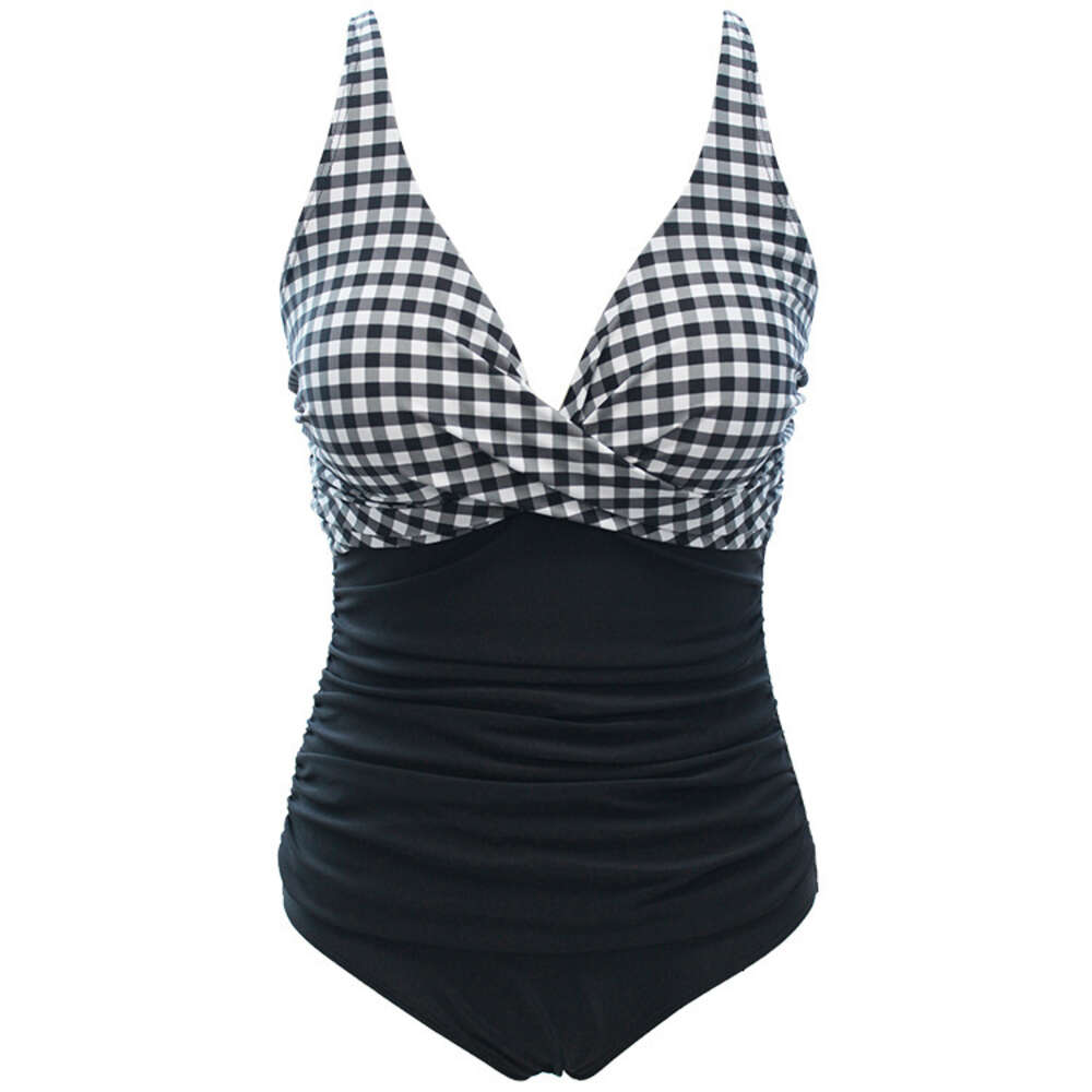 2024New One Piece Triangle Swimsuit Women's V-neck Color Block Wrinkle Covering Belly Sexy Backless F41751