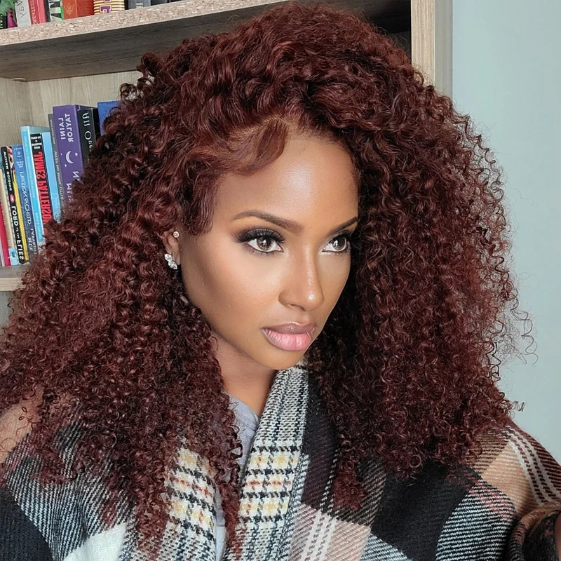 Reddish Brown 360 Lace Frontal Kinky Curly Ready To Wear Human Hair Wigs Auburn Copper Red Colored Preplucked Glueless Synthetic Wig